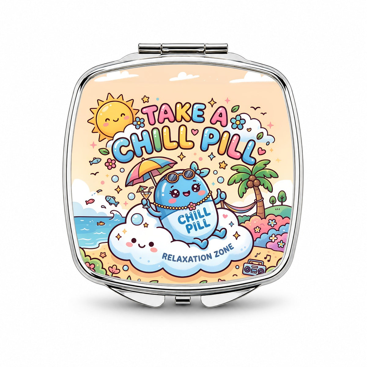 Take Chill Pill Cute Small Travel Purse Handbag Pocket Makeup Compact Mirror
