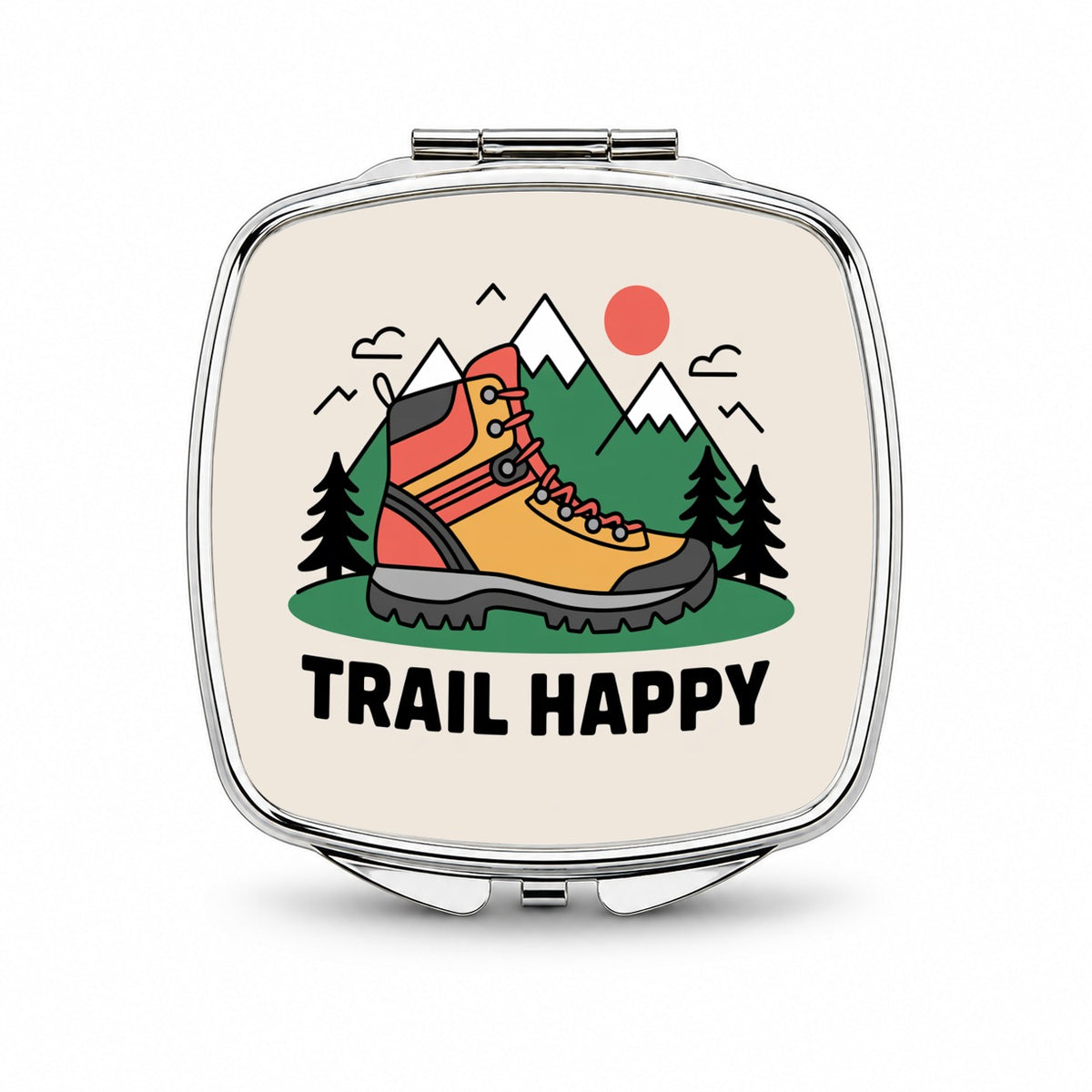 Trail Happy Hiking Boot Mountains Hiker Small Travel Purse Handbag Pocket Makeup Compact Mirror