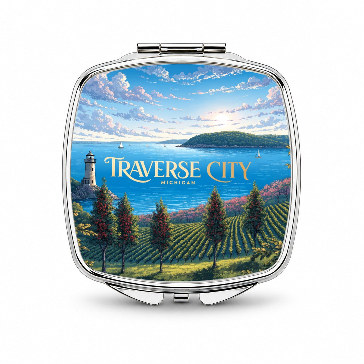Traverse City Michigan Travel Small Travel Purse Handbag Pocket Makeup Compact Mirror