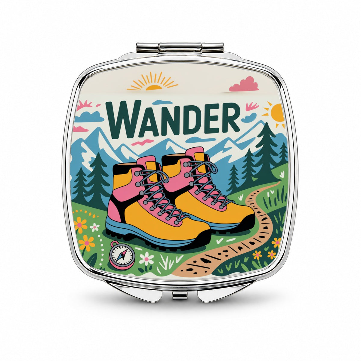 Wander Hiking Boots Hiker Small Travel Purse Handbag Pocket Makeup Compact Mirror