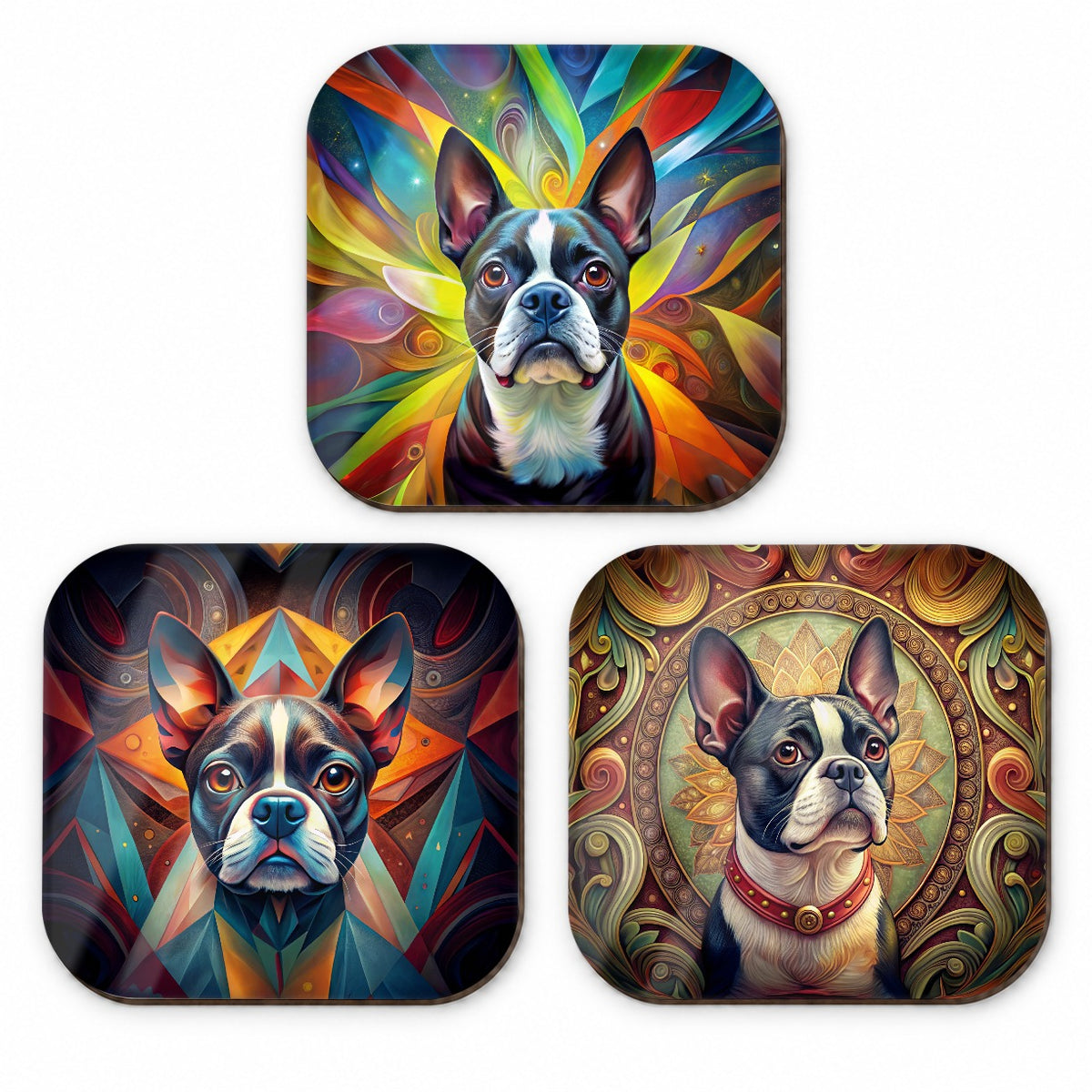 Boston Terrier Dog Abstract Art Fridge Magnet Set