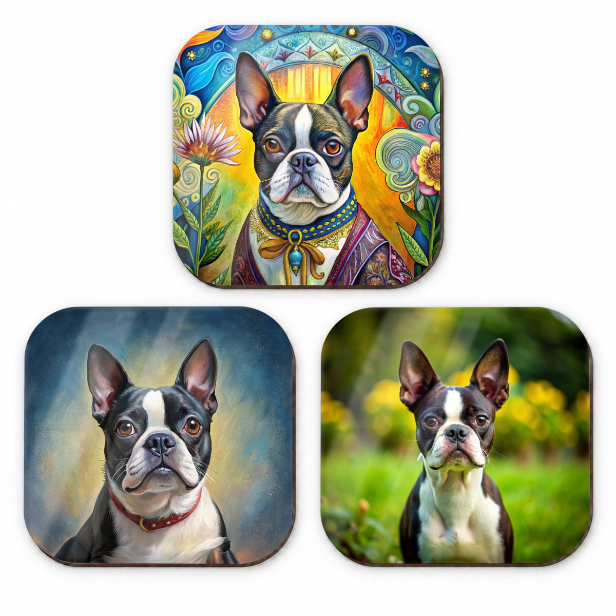 Boston Terrier Dog Photo Illustration Fridge Magnet Set