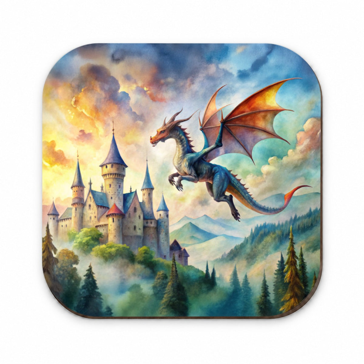 Dragon Flying Over Castle Watercolor Fantasy Fridge Magnet