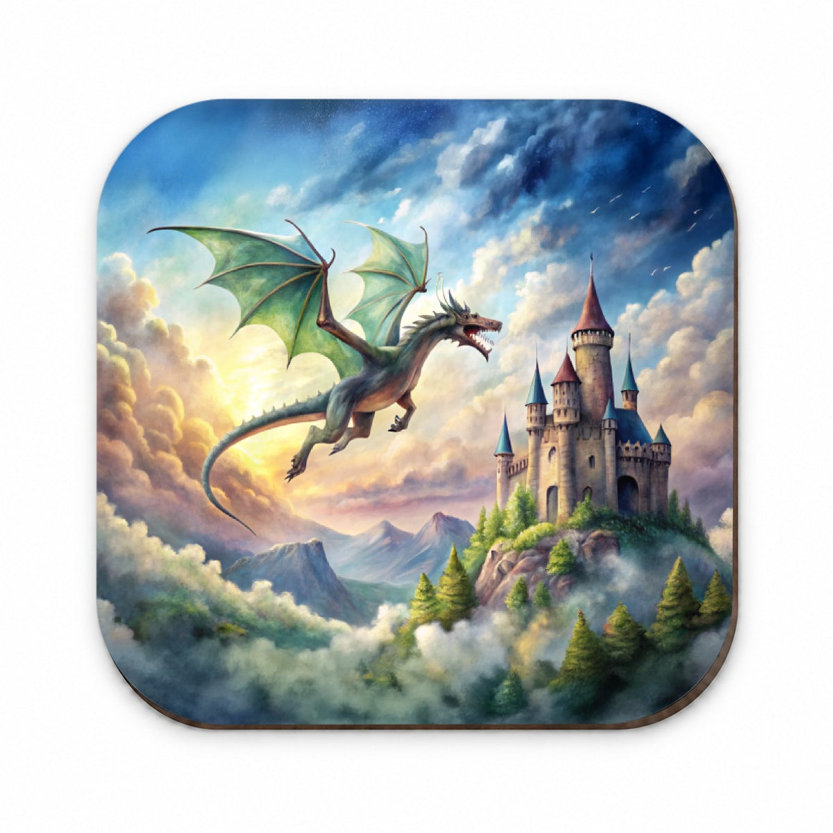 Green Dragon Flying Over Castle Watercolor Fantasy Fridge Magnet