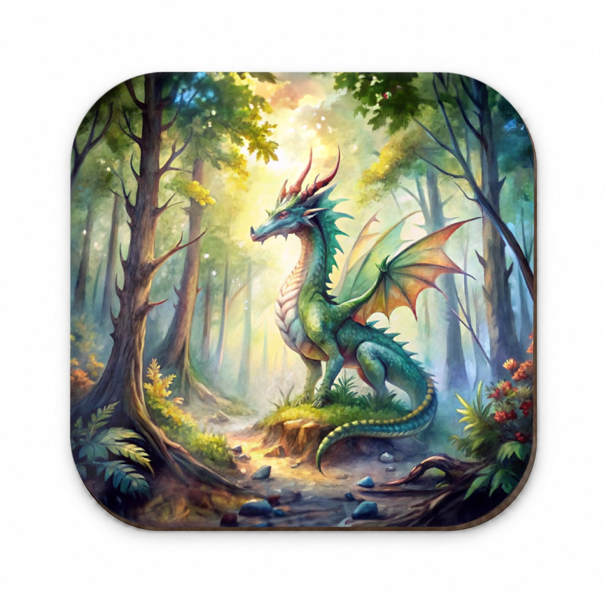 Green Dragon In Forest Watercolor Fantasy Fridge Magnet