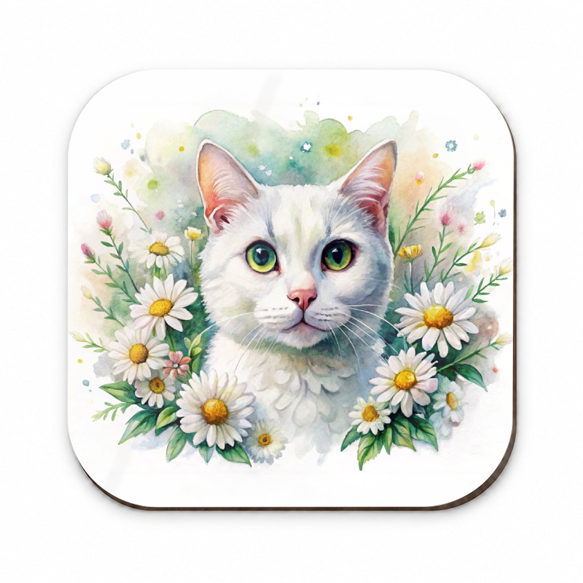 White Cat Watercolor Design With Daisies Fridge Magnet