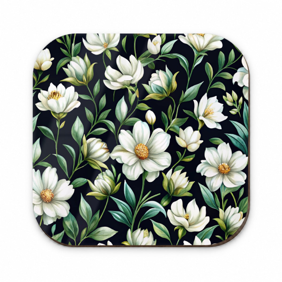 White Flowers Black Background Fridge Magnet
