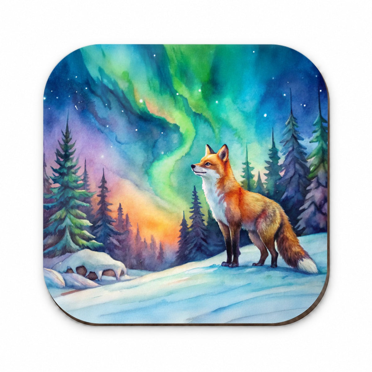Fox And Northern Lights Watercolor Fridge Magnet