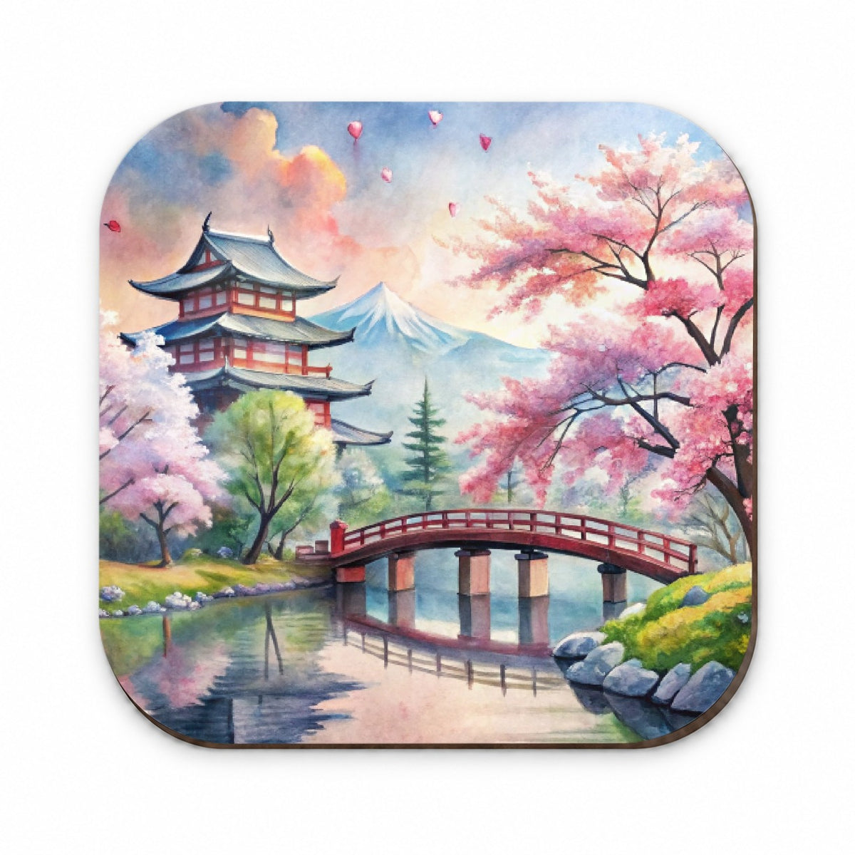 Japanese Scene With Bridge And Cherry Blossom Trees Watercolor Fridge Magnet