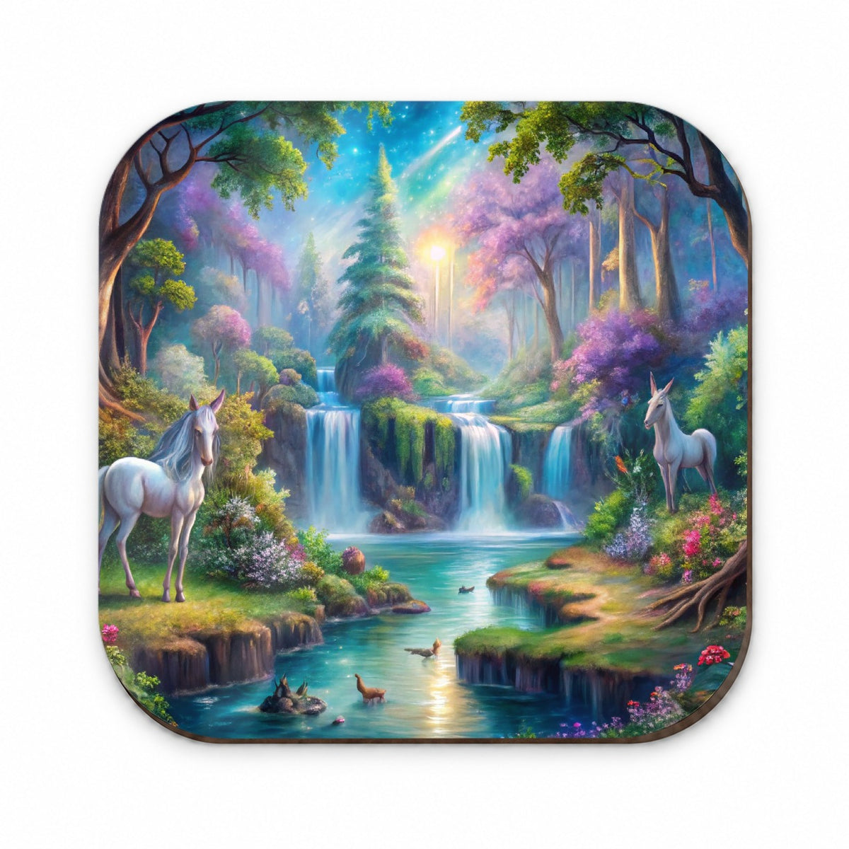 Fantasy Forest Waterfalls and White Horses Watercolor Fridge Magnet