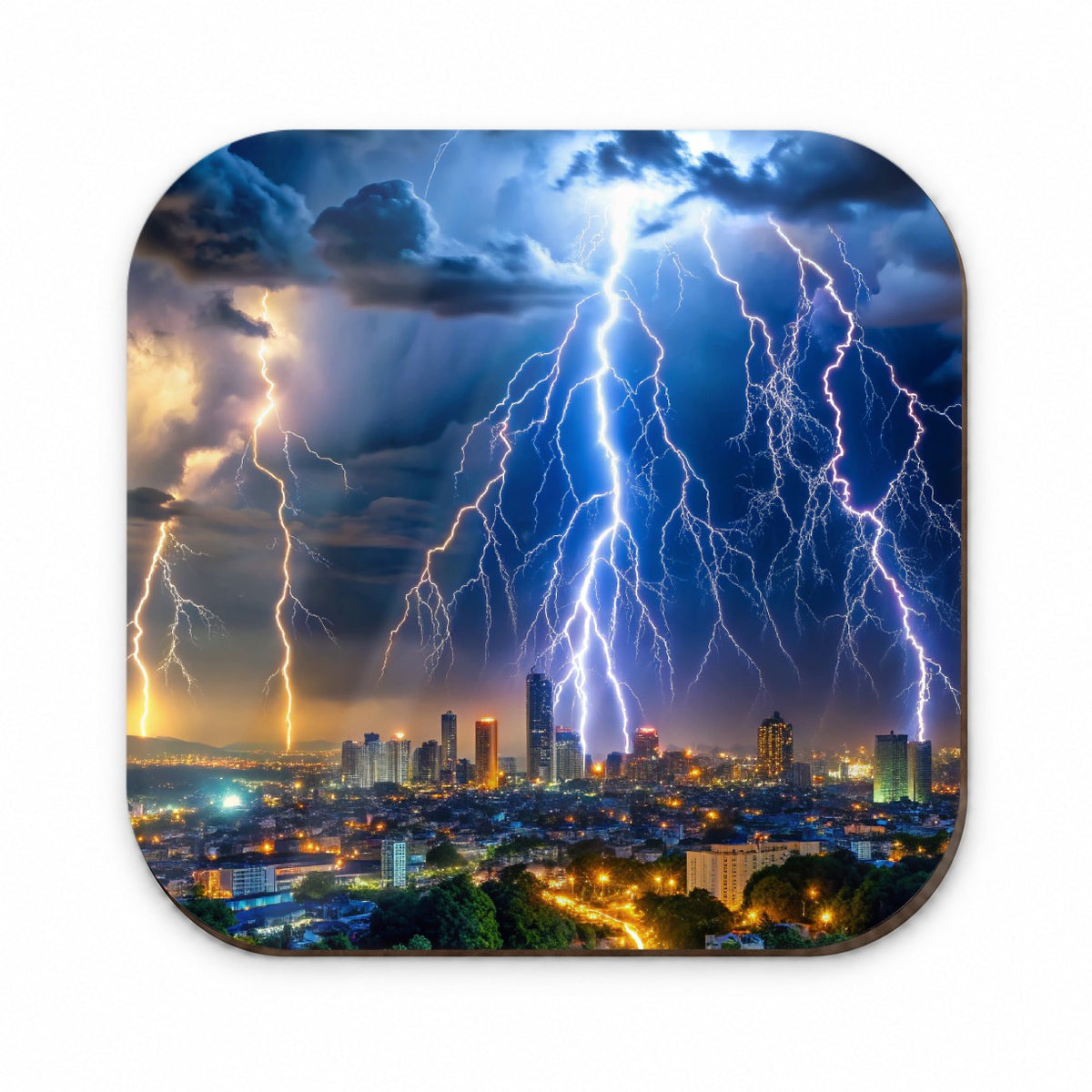 Lighting Strikes Over City At Night Fridge Magnet