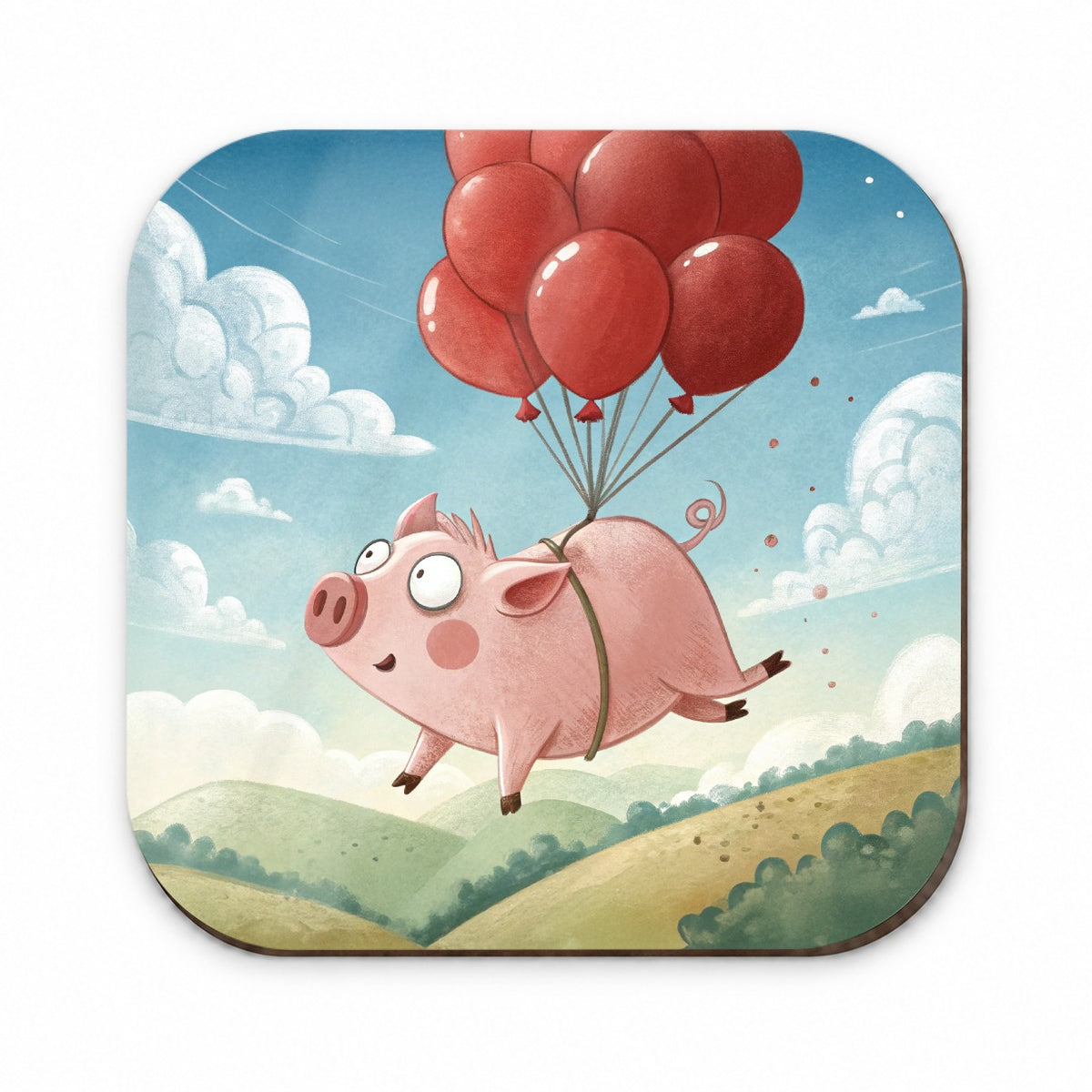 Pig Floating Through Sky Hanging From Red Balloons Fridge Magnet