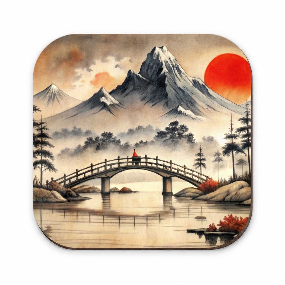 Japanese Style Ink Painting Bridge Over Water Landscape Fridge Magnet