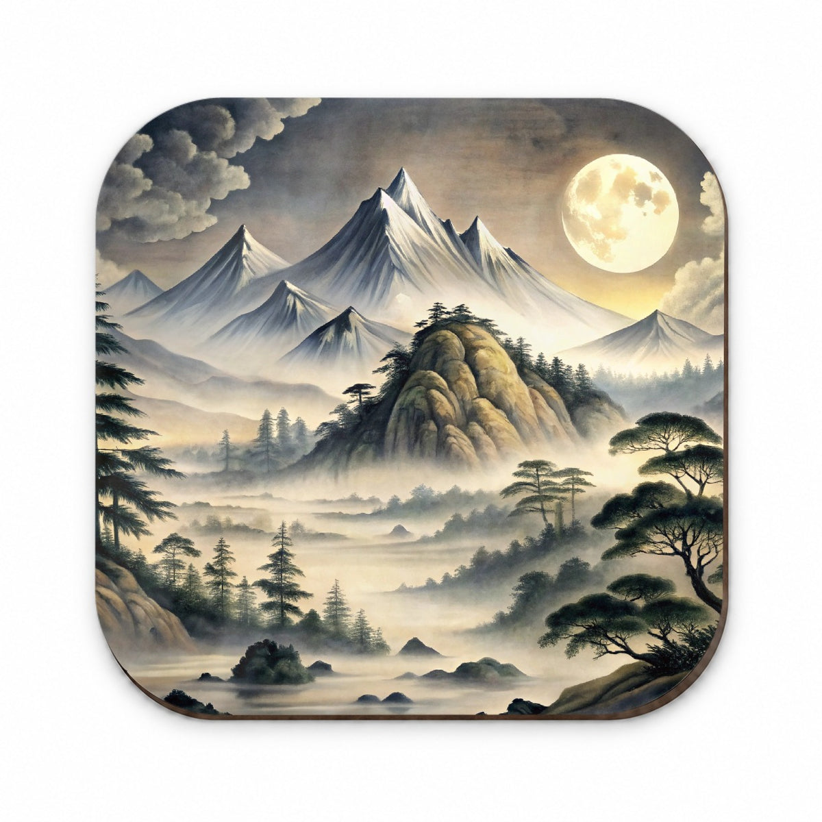 Japanese Style Ink Painting Landscape Misty Mountains Large Moon Fridge Magnet