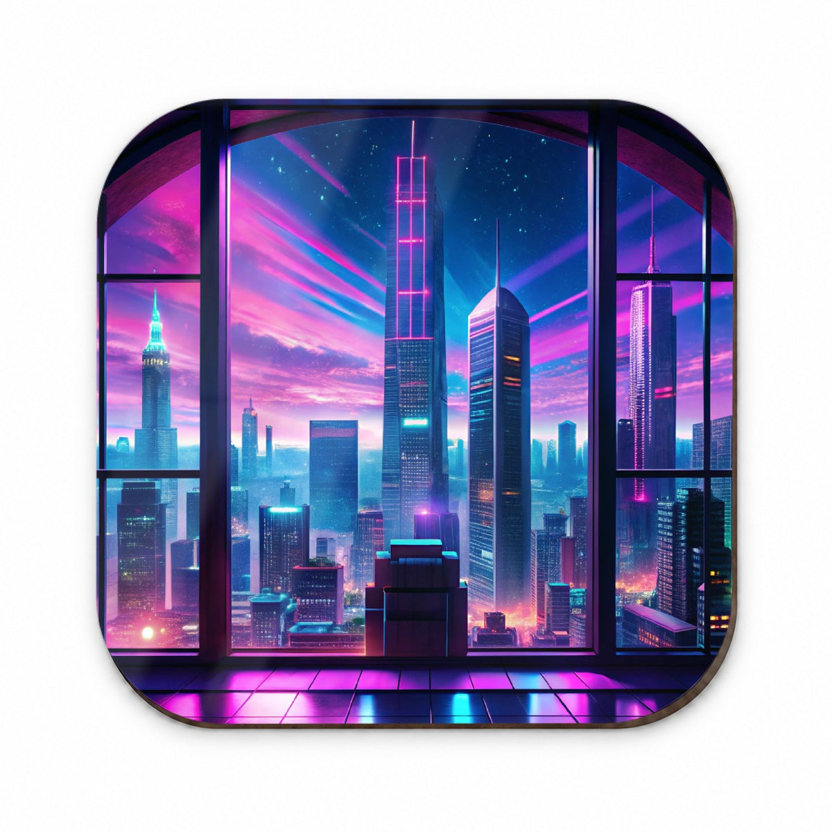 Neon Cityscape As Seen Through Skyscraper Window Purple Blue Fridge Magnet