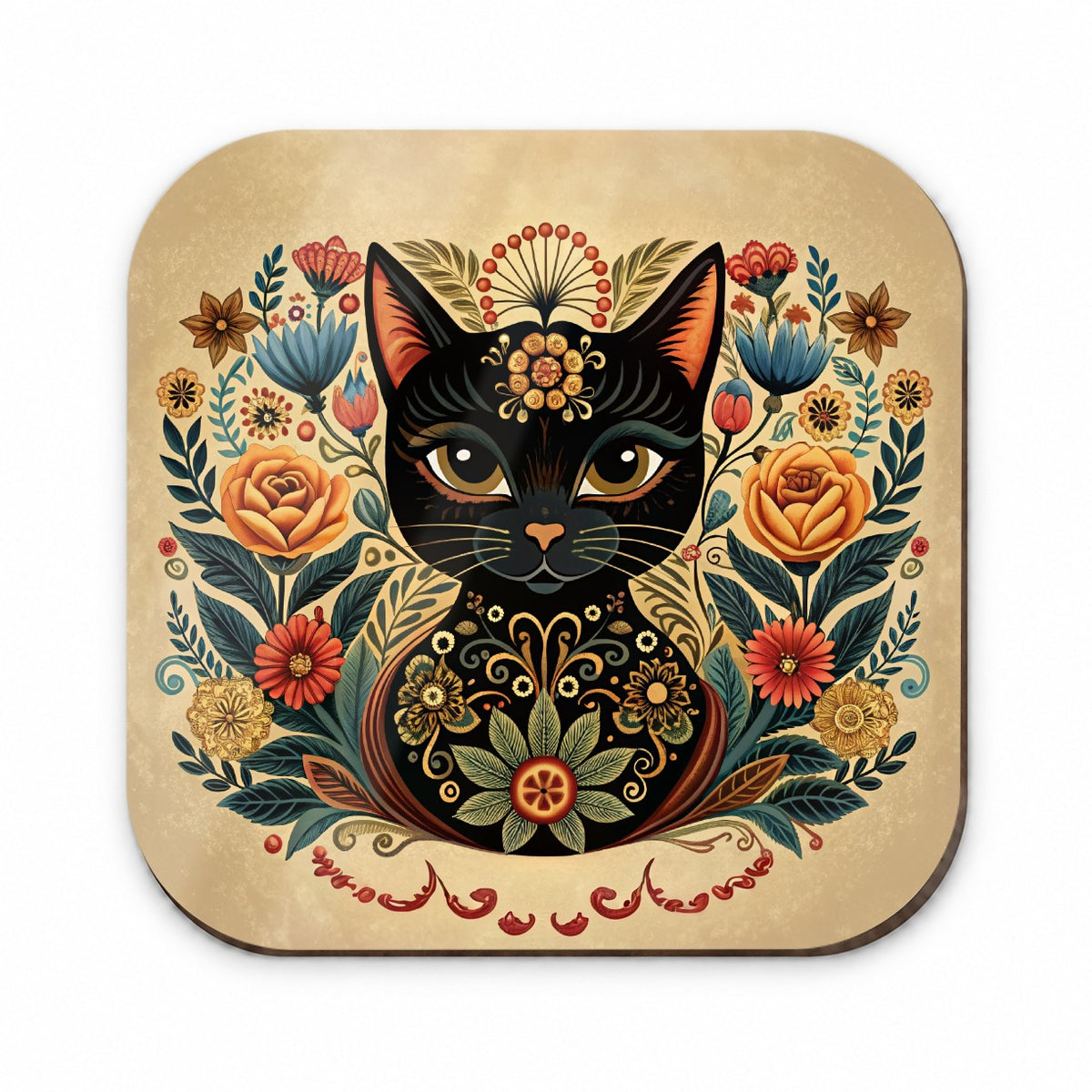 Stylized Black Cat Floral Design Fridge Magnet