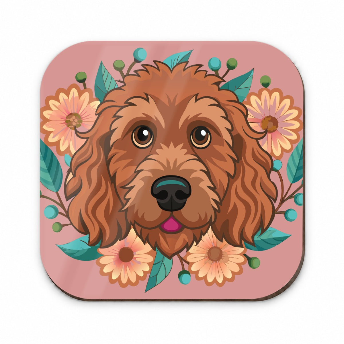 Brown Labradoodle Head Floral Motif Dog Pink Background Fridge Magnet