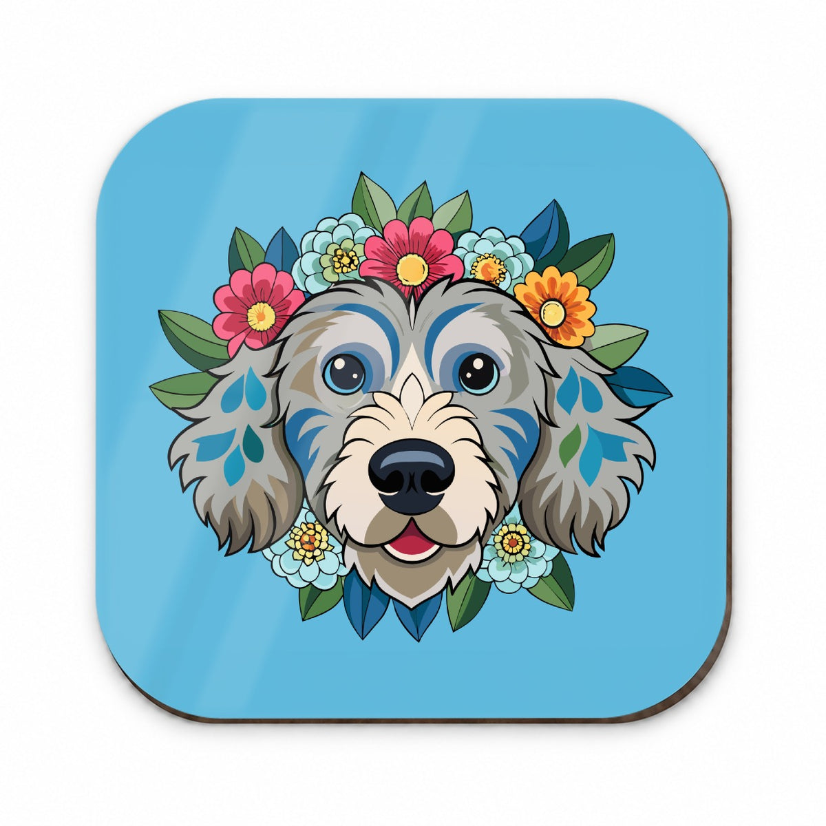 Cockapoo Head Floral Motif Light Blue Dog Fridge Magnet
