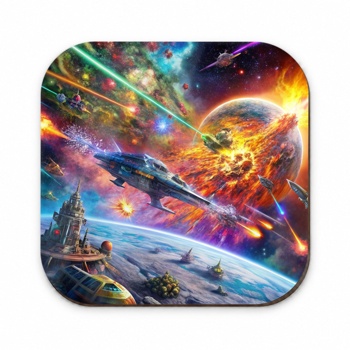 Psychedelic Colorful Space Sci-fi Starship Battle Fridge Magnet