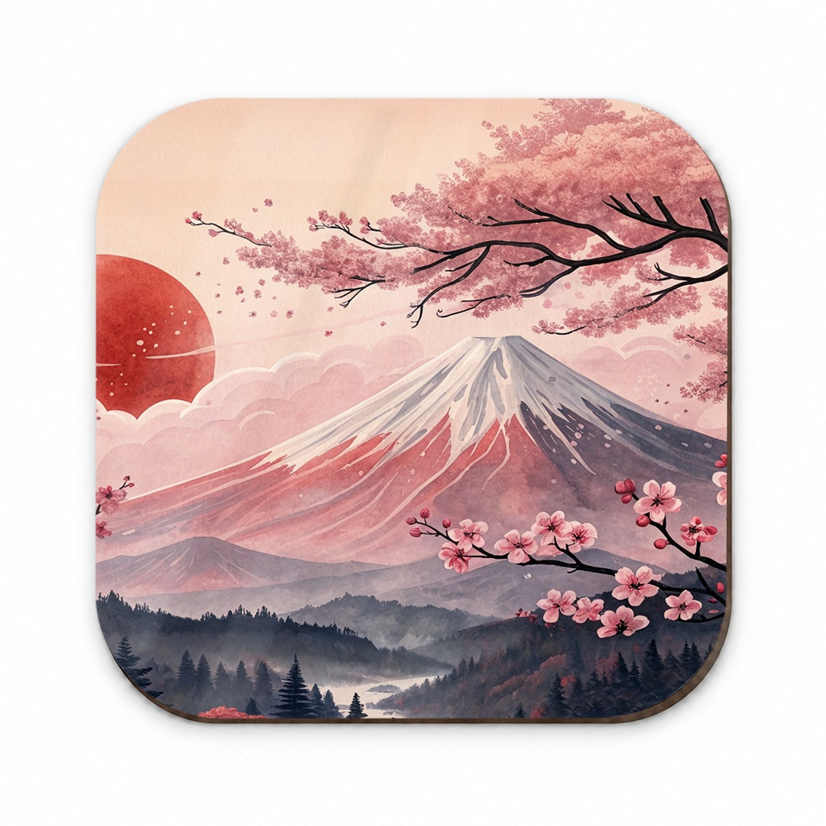 Mount Fuji With Cherry Blossoms Rising Sun Japanese Illustration Fridge Magnet