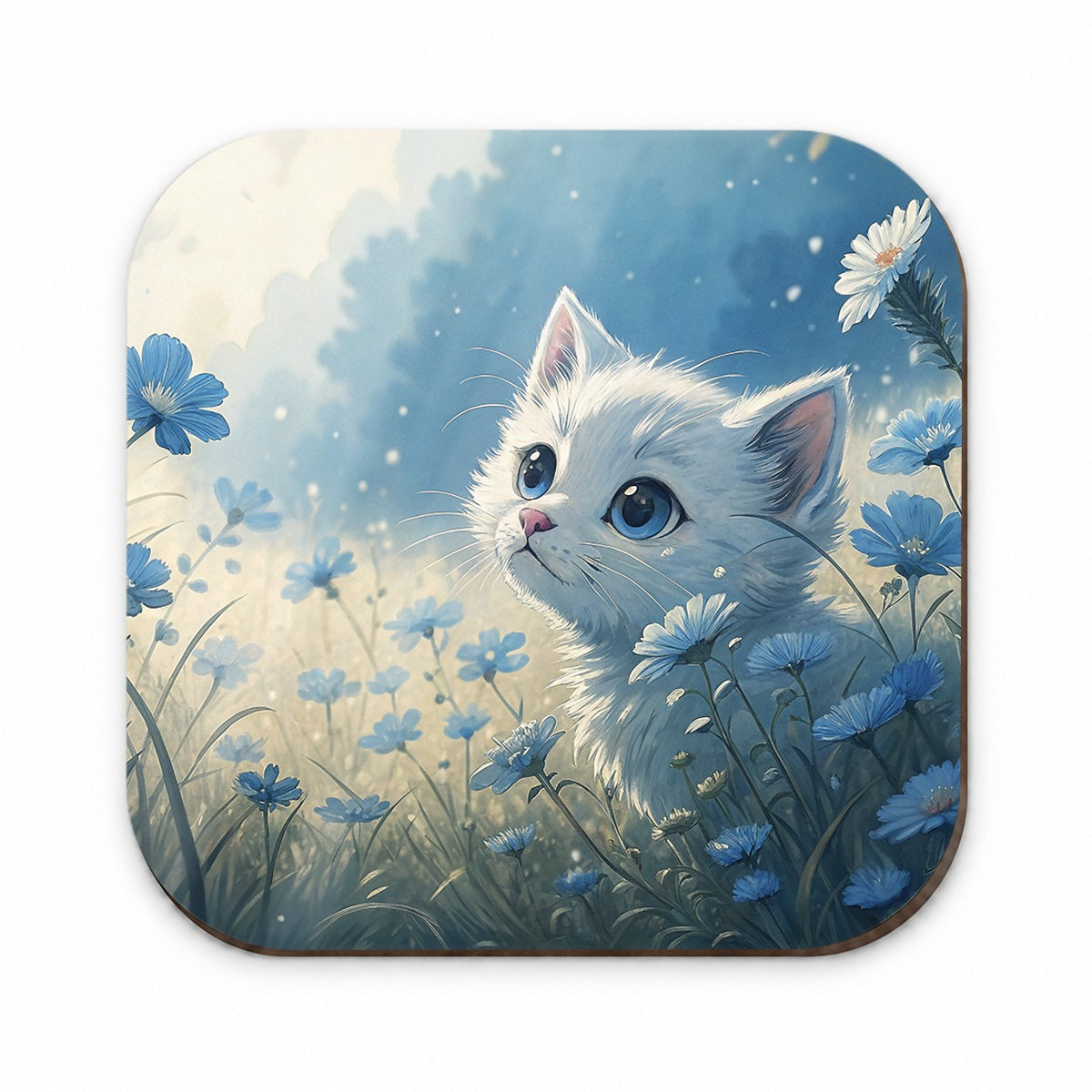 White Kitten in Field Of Blue Flowers Anime Style Fridge Magnet