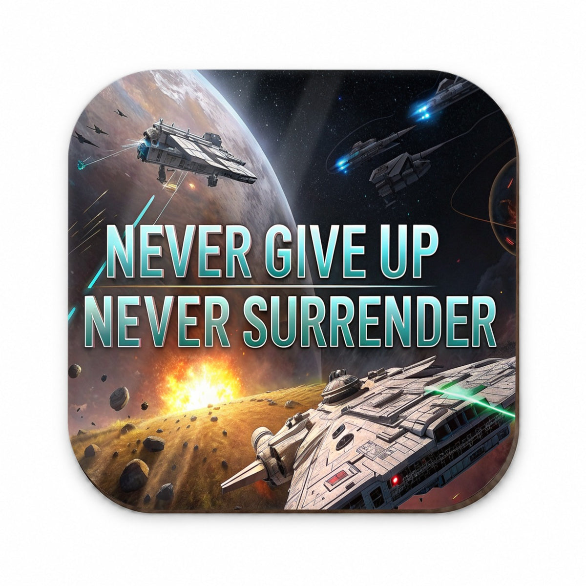 Never Give Up Never Surrender Inspirational Sci-Fi Space Fridge Magnet