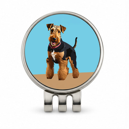 Airedale Terrier Dog Standing Golf Hat Clip with Ball Marker