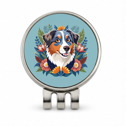 Australian Shepherd Dog Floral Flowers Golf Hat Clip with Ball Marker