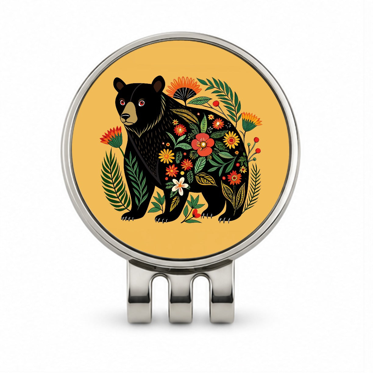 Black Bear Floral Motif Golf Hat Clip with Ball Marker