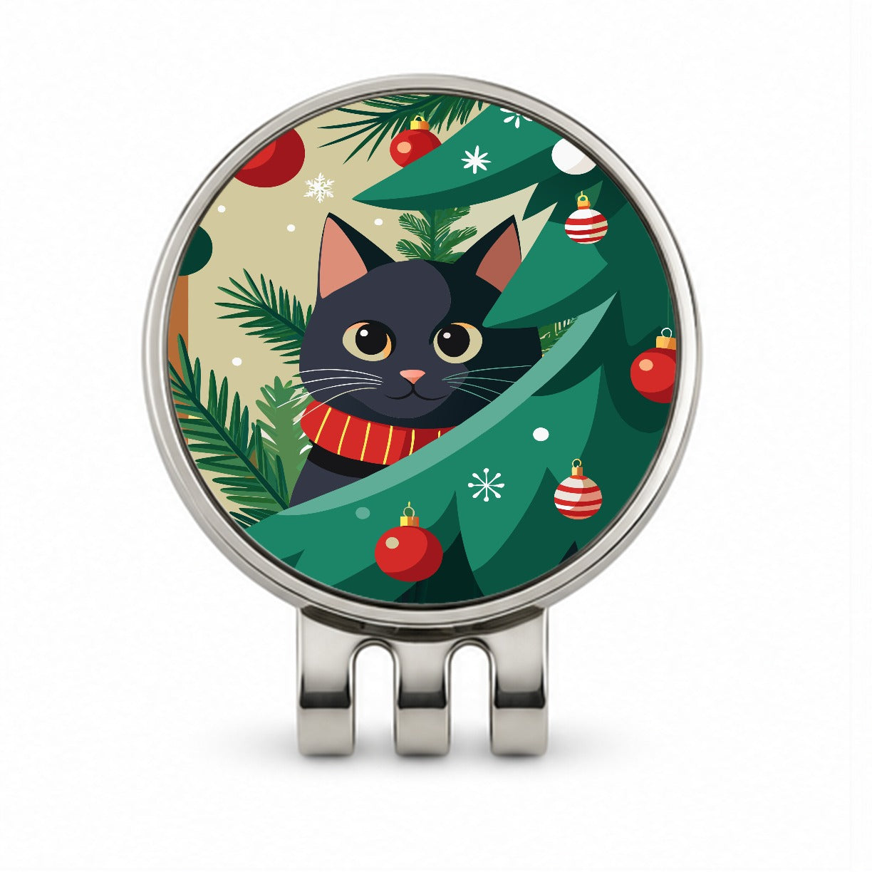 Black Cat Hiding in Christmas Tree Golf Hat Clip with Ball Marker