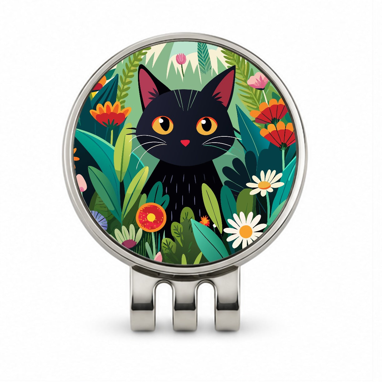 Black Cat Hiding in Flower Garden Golf Hat Clip with Ball Marker