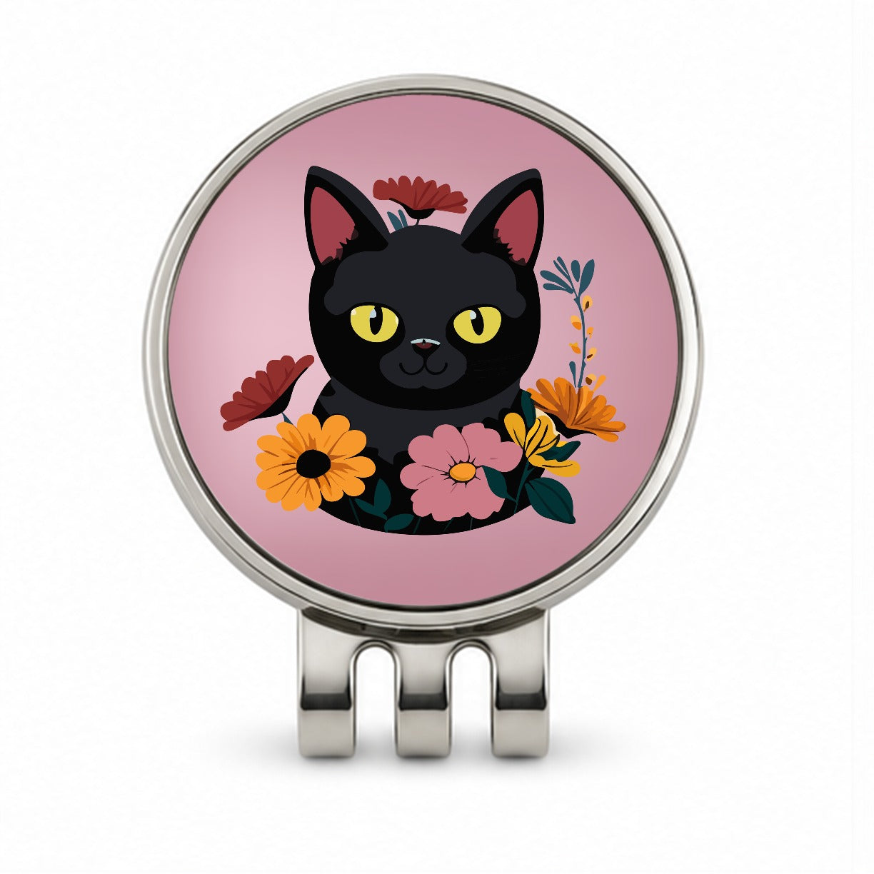 Black Cat in Flowers Golf Hat Clip with Ball Marker