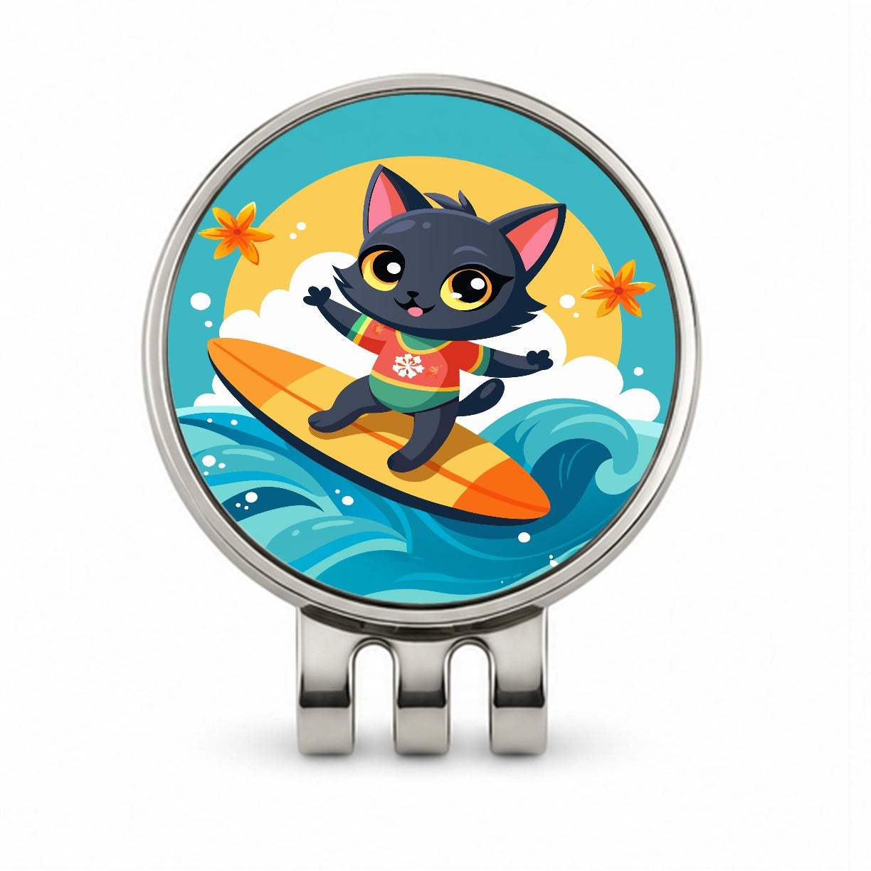 Black Cat Kitty Girl Surfing Golf Hat Clip with Ball Marker