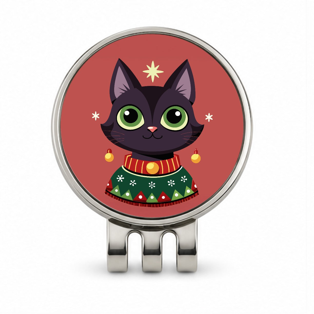 Black Cat Wearing Christmas Sweater Golf Hat Clip with Ball Marker