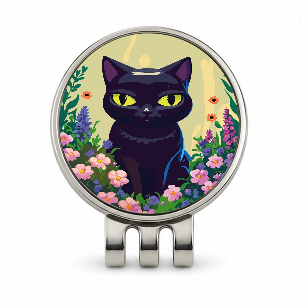 Black White Cat in Flower Garden Golf Hat Clip with Ball Marker