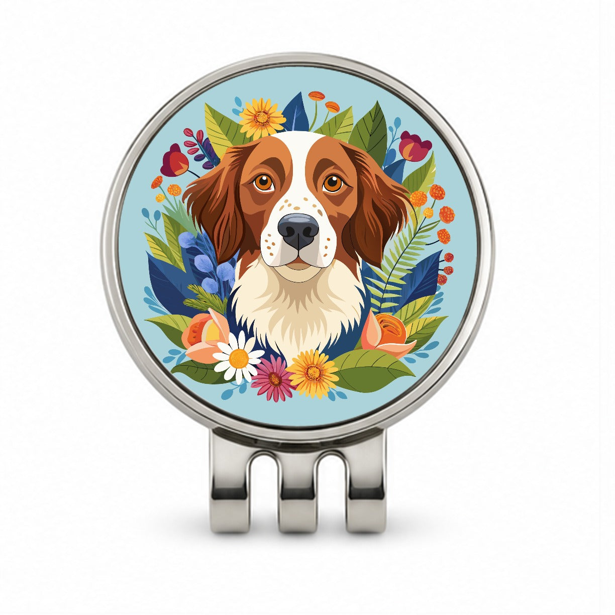 Brittany Spaniel Dog Floral Flowers Golf Hat Clip with Ball Marker