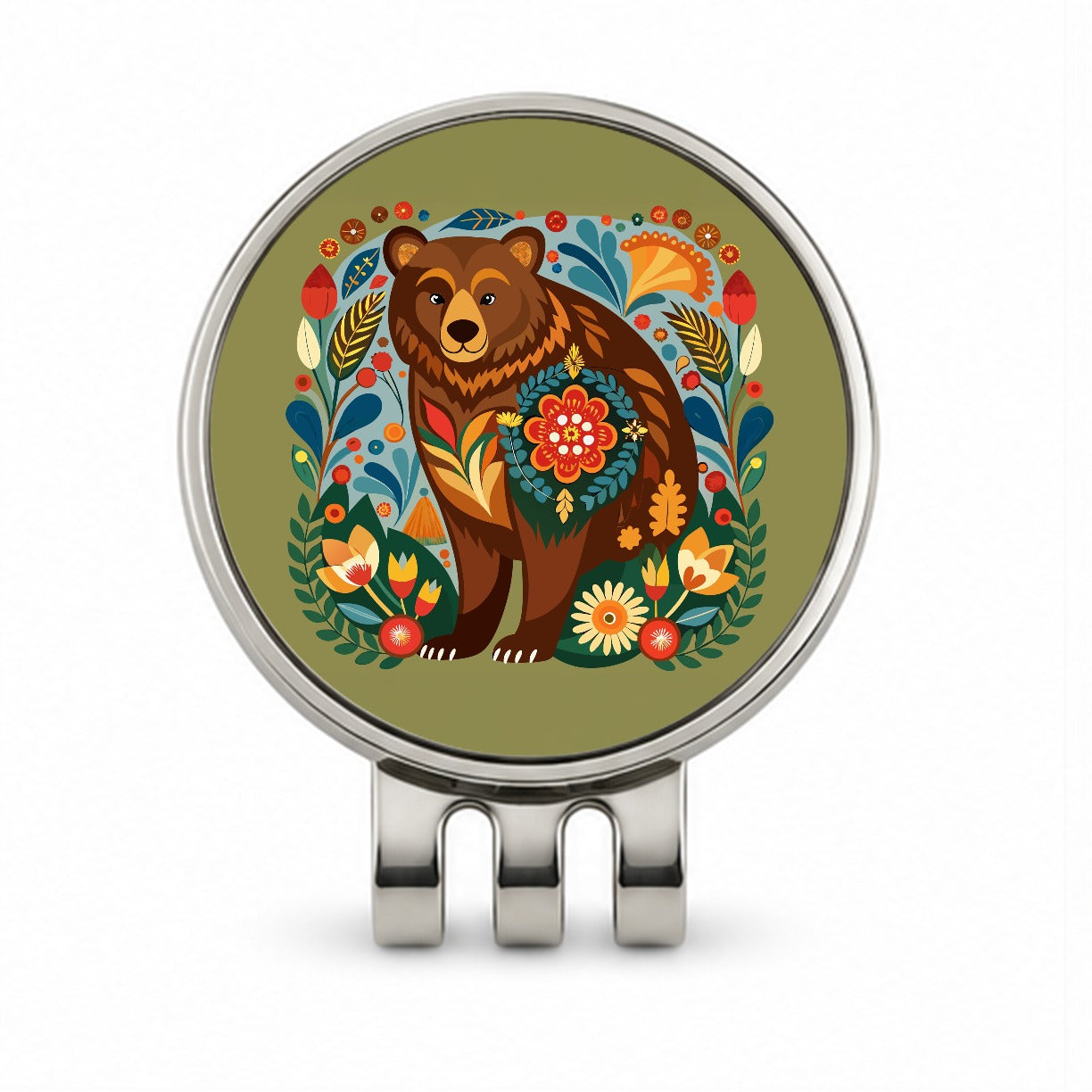 Brown Bear Floral Motif Golf Hat Clip with Ball Marker