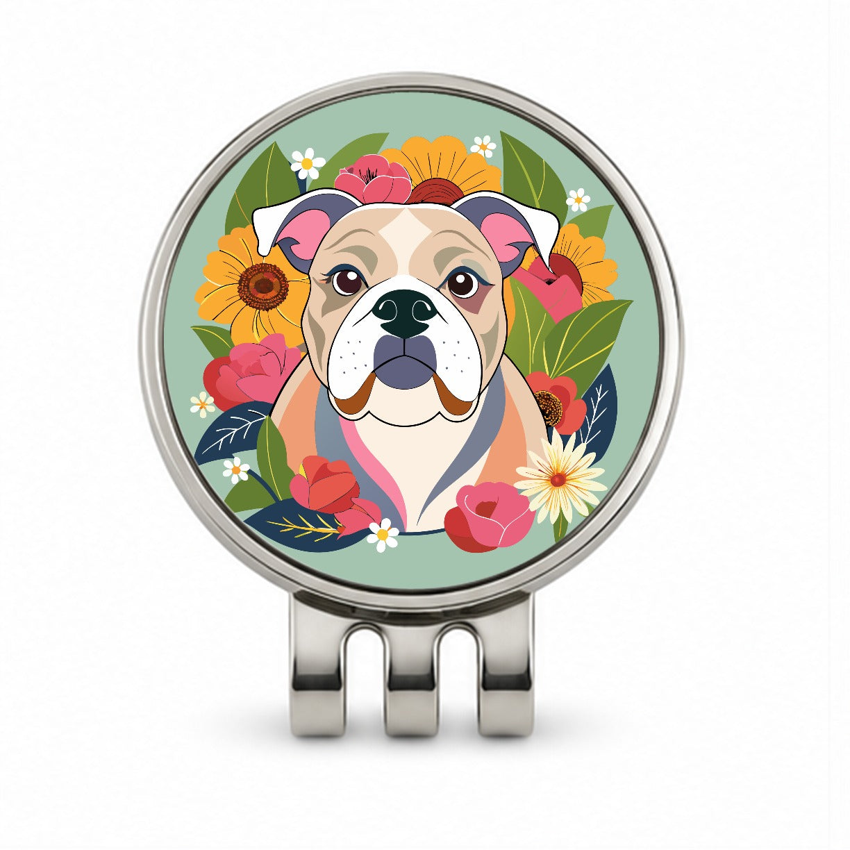 Bulldog Dog Floral Flowers Golf Hat Clip with Ball Marker