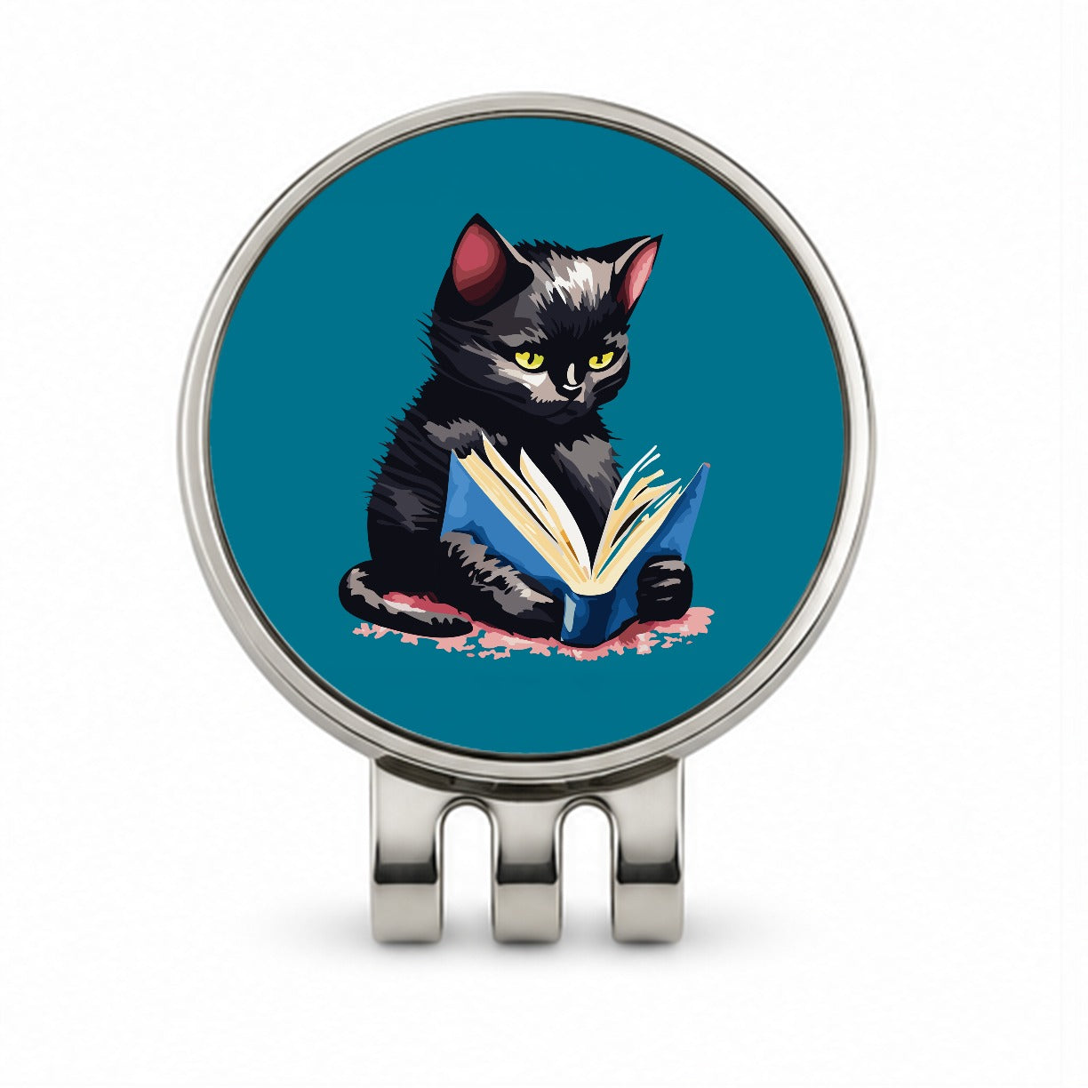 Cat Black Reading Book Reader Golf Hat Clip with Ball Marker
