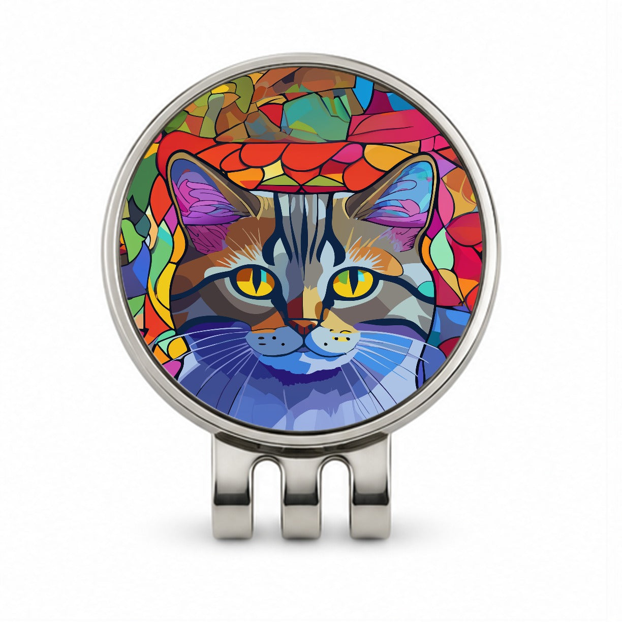 Cat Stained Glass Style Golf Hat Clip with Ball Marker