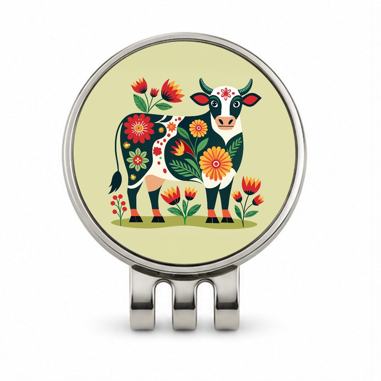 Cow Floral Motif Golf Hat Clip with Ball Marker