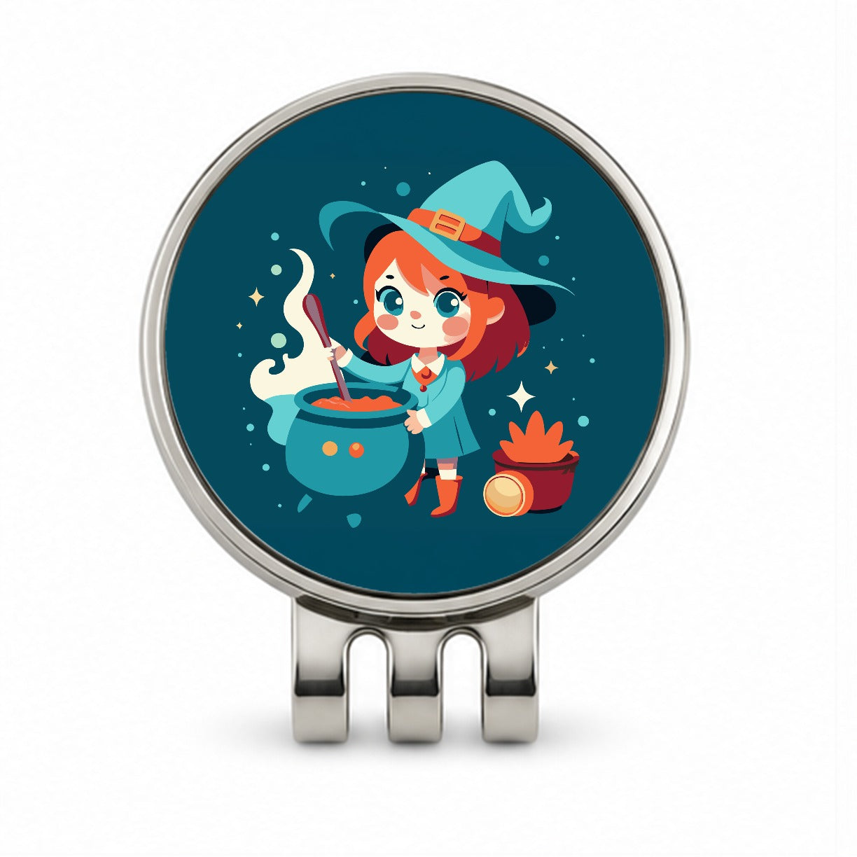 Cute Witch Stirring Cauldron Halloween Golf Hat Clip with Ball Marker