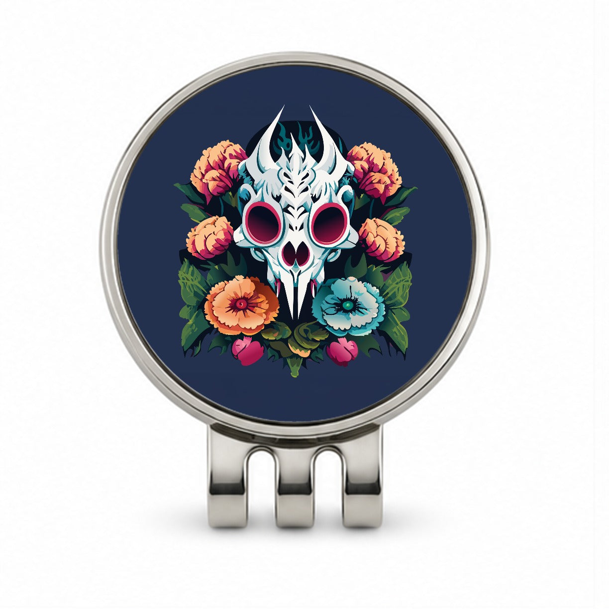 Dragon Skull and Flowers Golf Hat Clip with Ball Marker