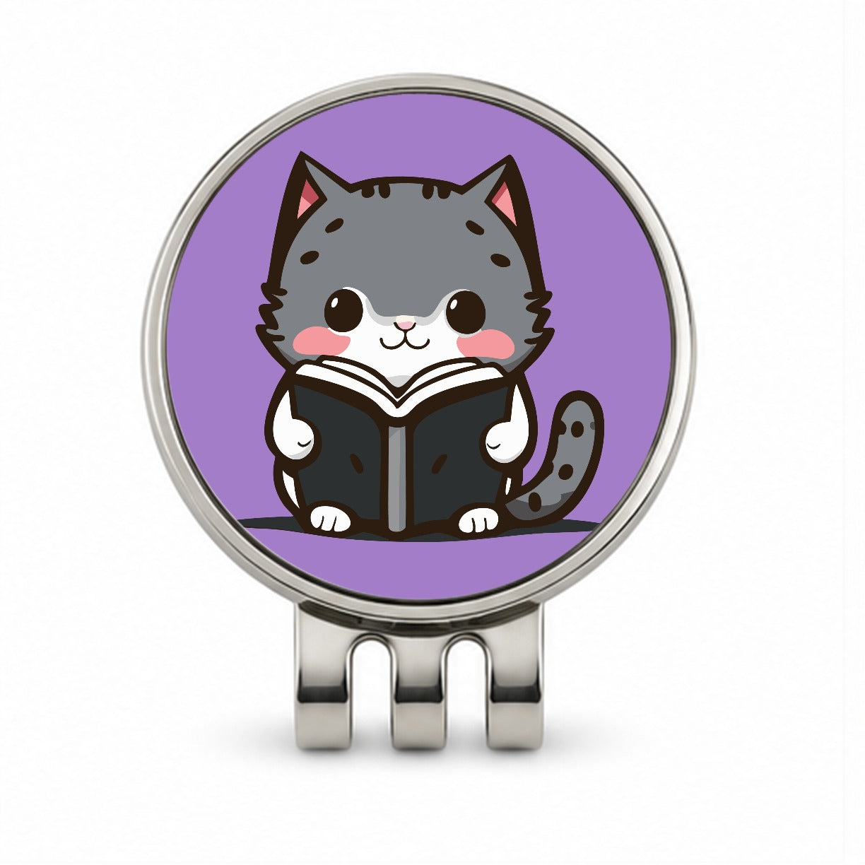 Gray Cat Reading Book Golf Hat Clip with Ball Marker