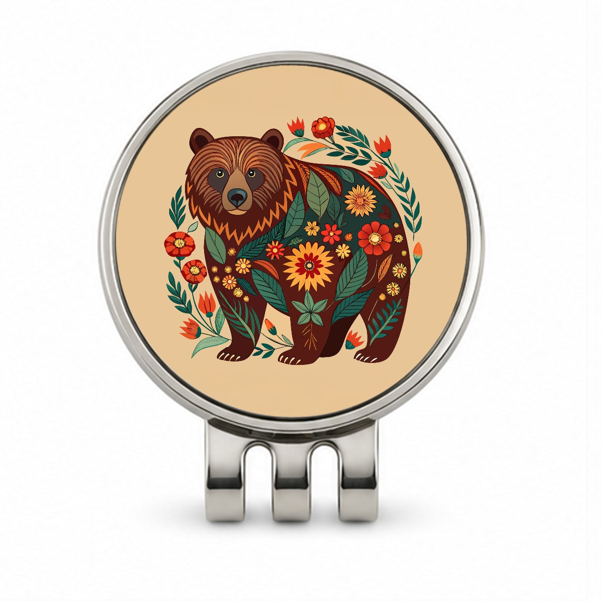 Grizzly Bear Floral Motif Golf Hat Clip with Ball Marker