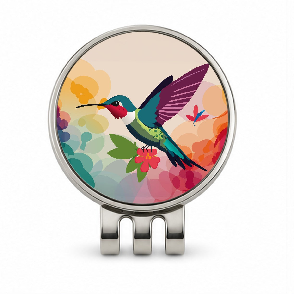 Hummingbird Colorful with Flowers Golf Hat Clip with Ball Marker