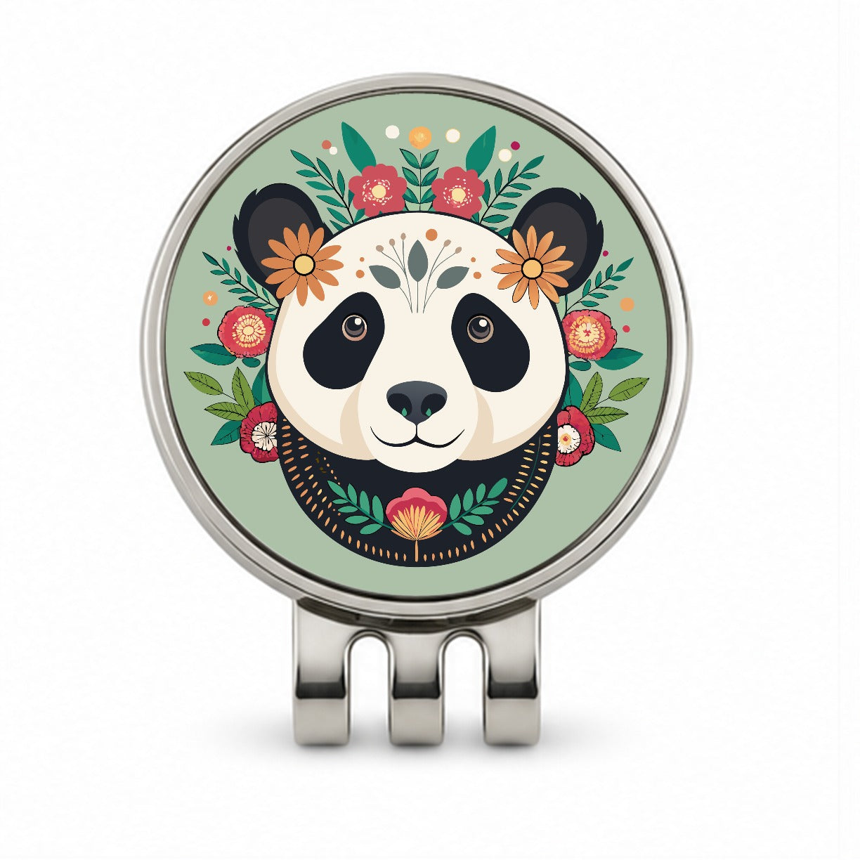 Panda Head Floral Flowers Golf Hat Clip with Ball Marker
