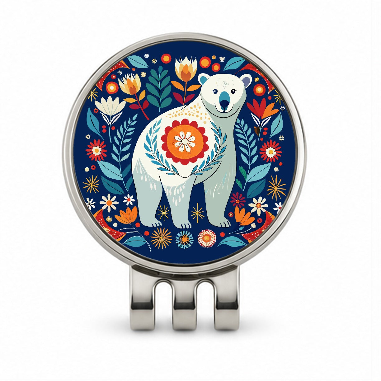 Polar Bear Floral Motif Golf Hat Clip with Ball Marker