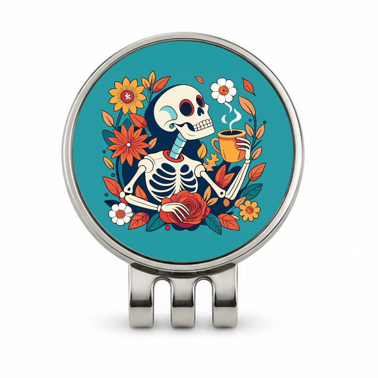 Skeleton Drinking Coffee Funny Floral Flowers Golf Hat Clip with Ball Marker