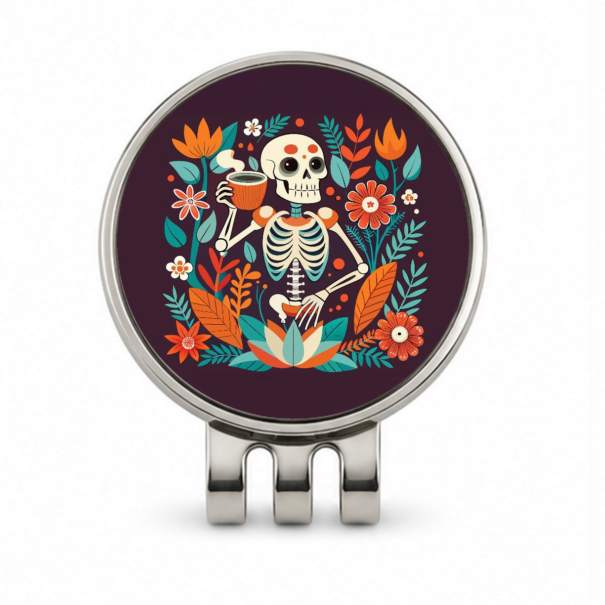 Skeleton Drinking Tea Funny Floral Flowers Golf Hat Clip with Ball Marker